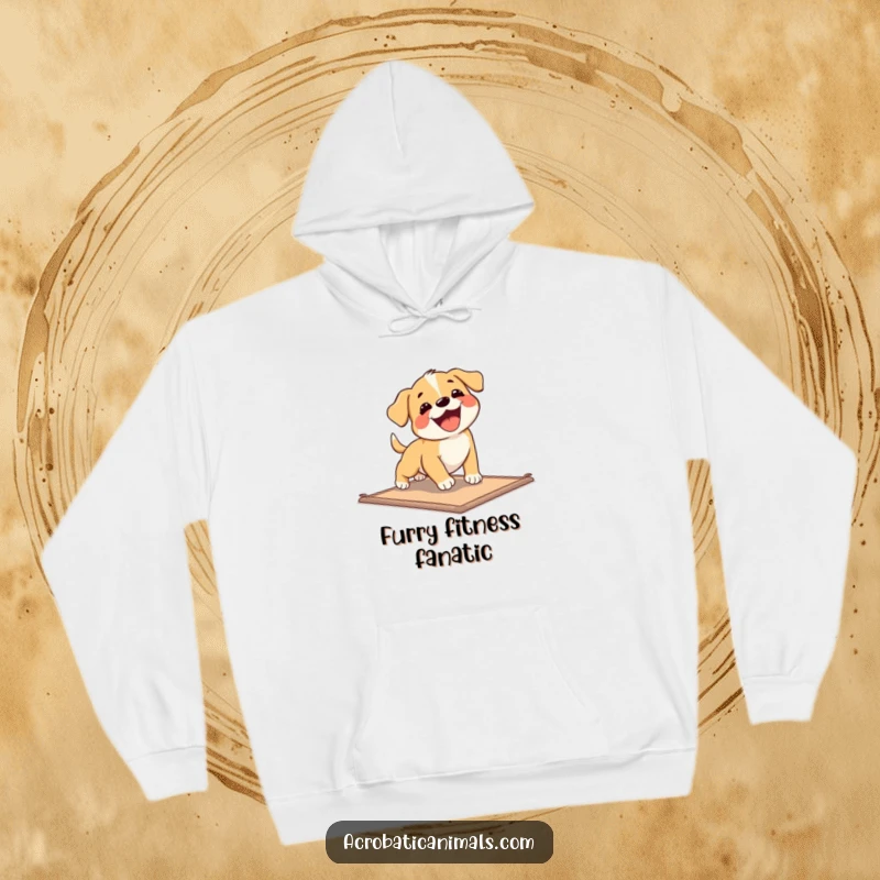 Funny Puppy Exercise Hoodie featuring a playful puppy in a comical tumbling motion, perfect for staying warm and amused.