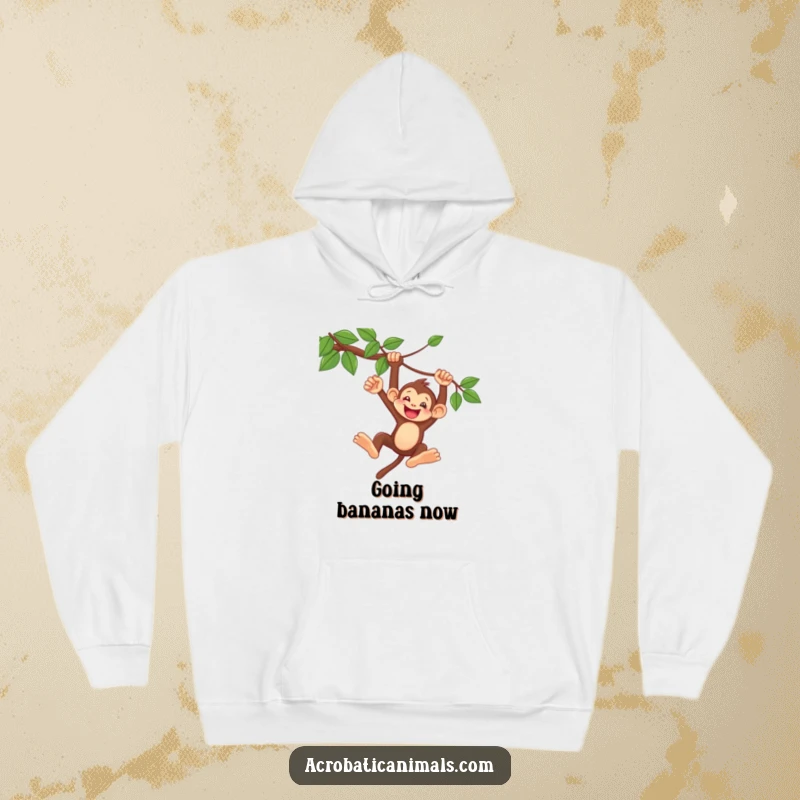 Funny Monkey Vine Swing Hoodie: A cozy sweatshirt featuring a delighted monkey swinging from a vine, designed for warmth and jungle-themed fun.