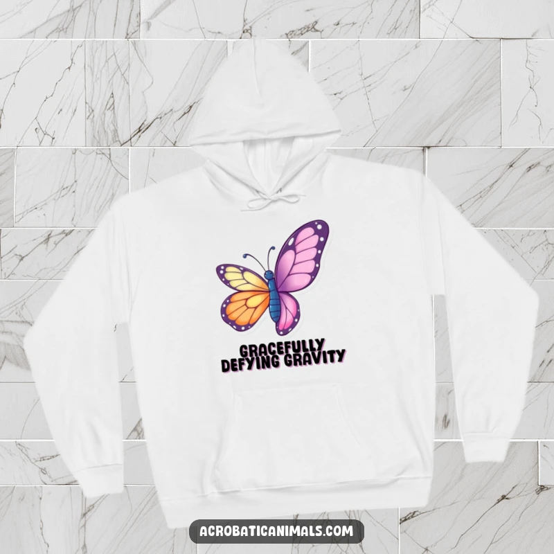 Funny butterfly hoodie showing a vibrant butterfly performing a graceful aerial twist, combining warmth with delicate design.