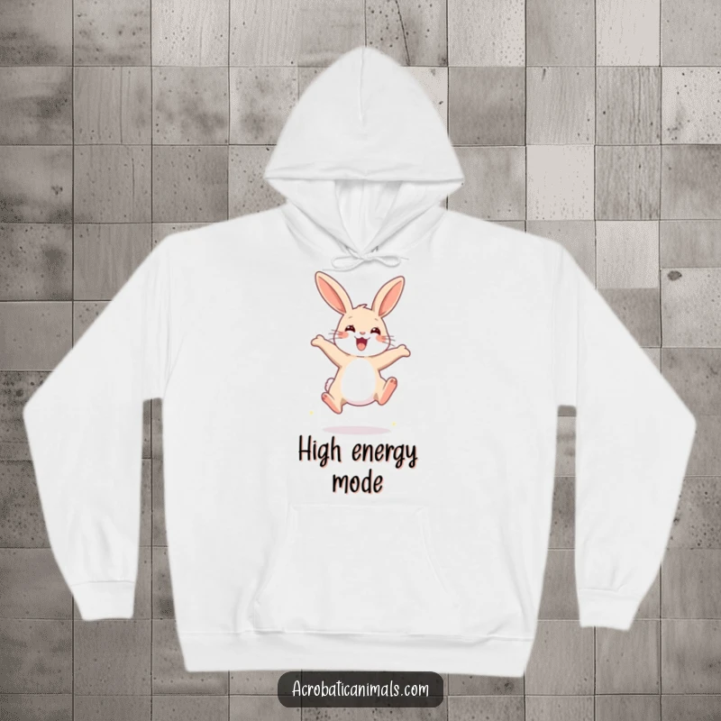 Funny Rabbit Jump Hoodie featuring a happy rabbit performing a high jump, perfect for staying warm and amused.