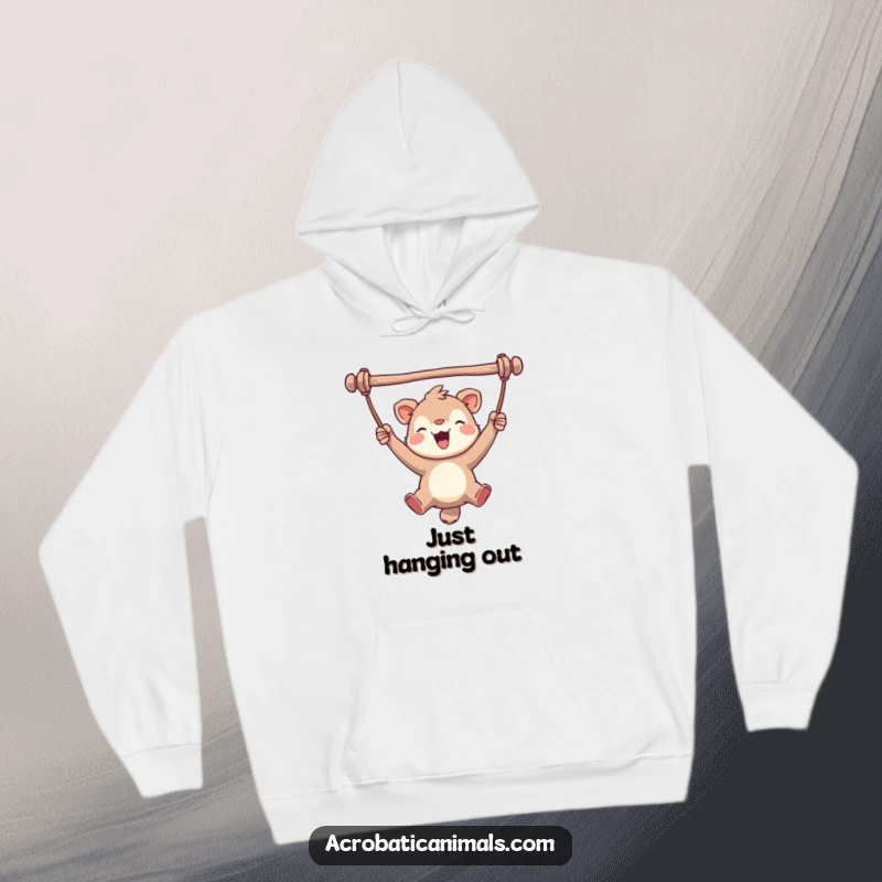 Funny hoodie depicting a joyful animal swinging with pure delight from a bar, radiating happiness and a sense of playful abandon.