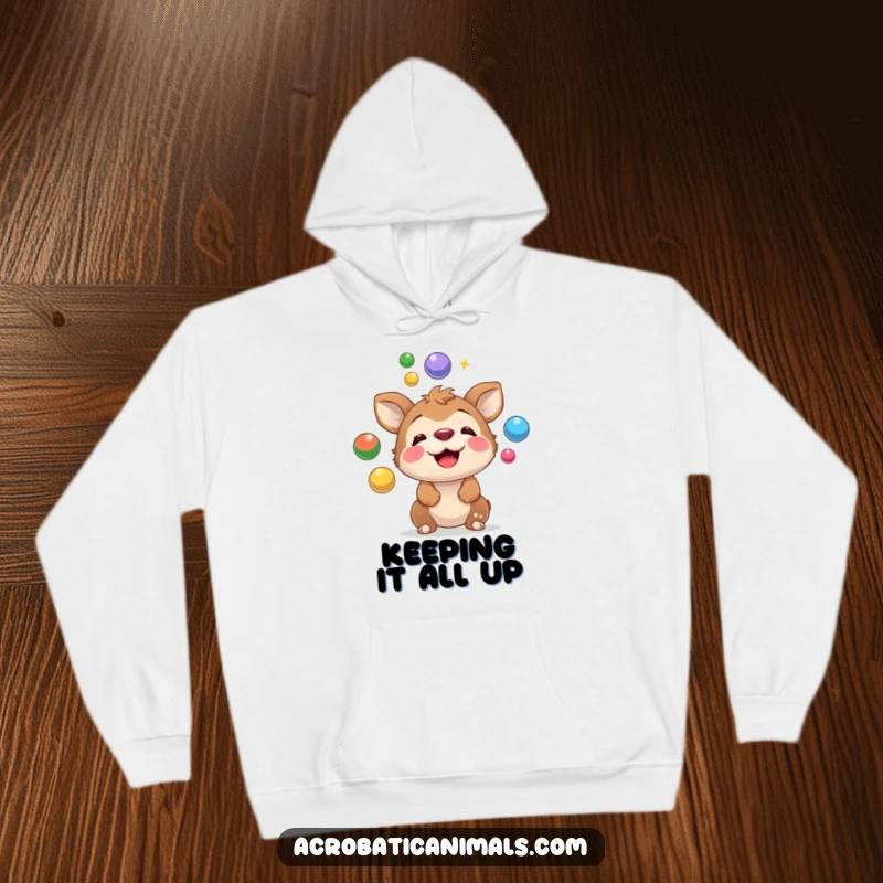 Funny hoodie illustration of a talented animal skillfully juggling colorful balls on its nose, radiating playful energy and hilarious concentration.