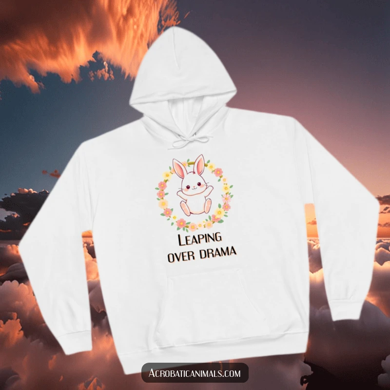Funny bunny hoodie depicting a fluffy rabbit with rosy cheeks performing a dramatic jump through a flower hoop, very cheerful.