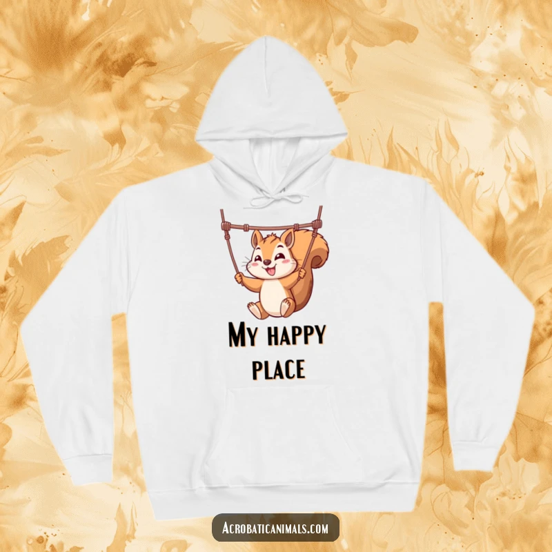 Funny hoodie depicting a mischievous squirrel artistically swinging on a trapeze, offering warmth and a dose of acrobatic humor.