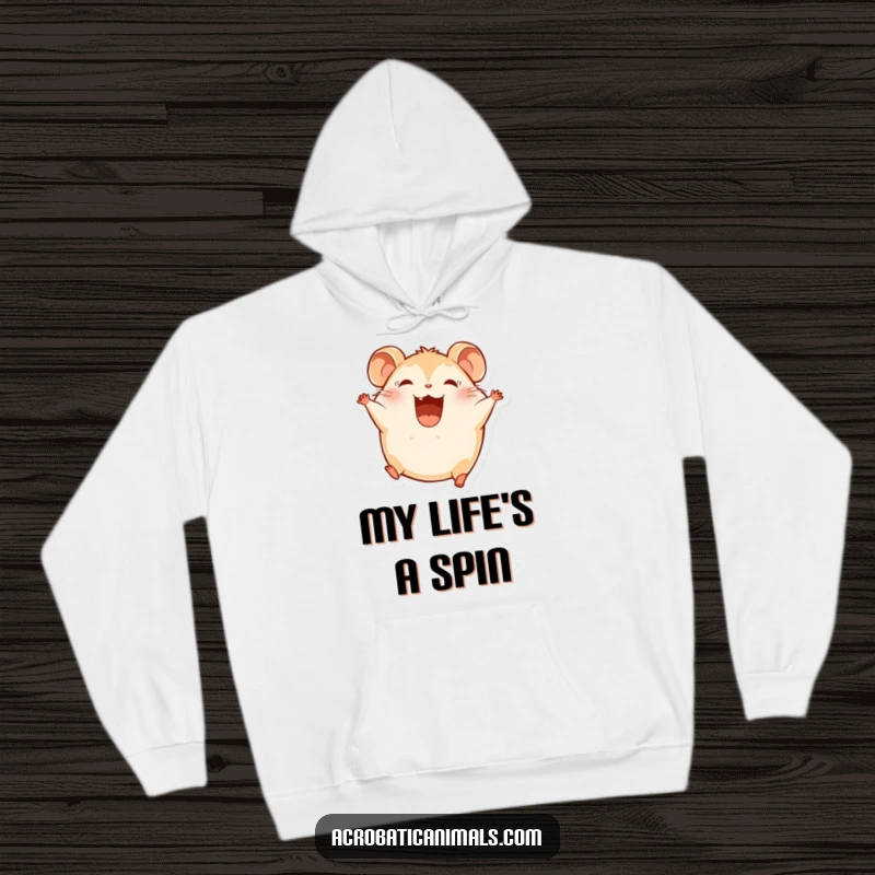 Funny Hamster Hoodie: A round hamster character is somersaulting with a big, joyful smile, looking incredibly cute.
