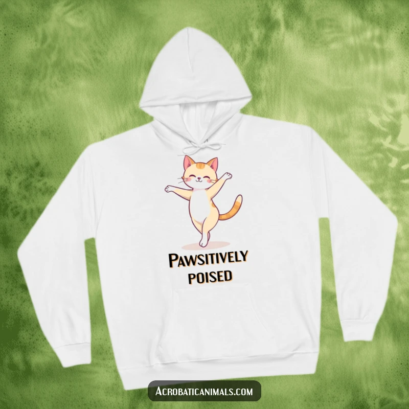Funny cat hoodie with a cute feline performing a graceful arabesque ballet pose on a balance beam, emphasizing humor and charm.