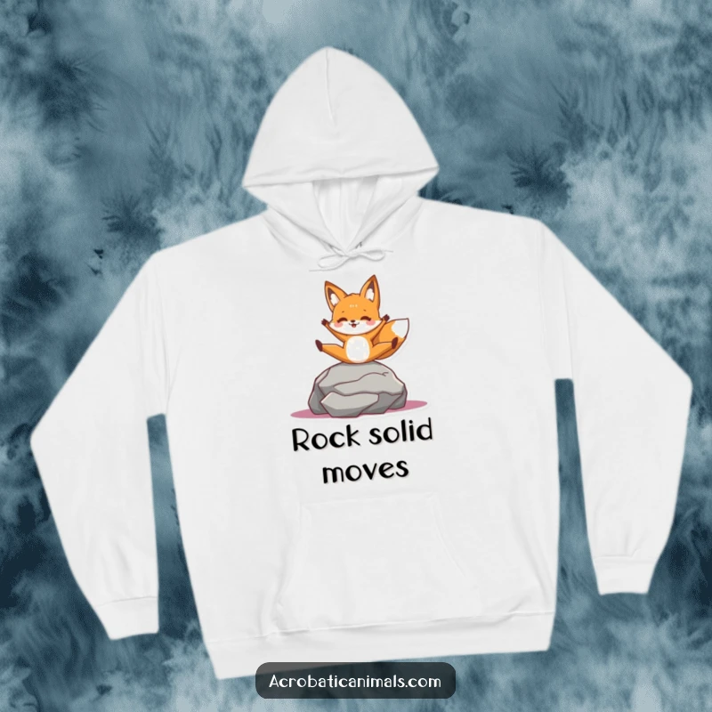 Funny hoodie featuring a cheerful fox character in a split on a rock, offering cozy warmth and flexible humor.
