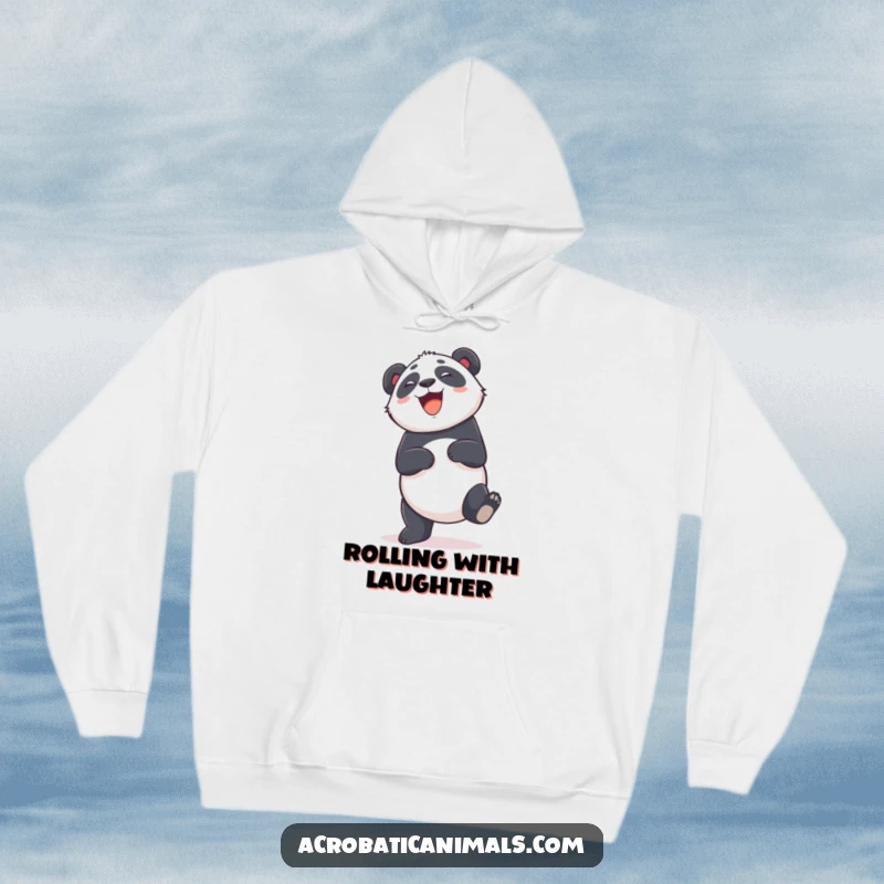 Funny hoodie featuring a giggling panda doing a cartwheel, offering comfort and a dose of adorable humor. Excellent gift.