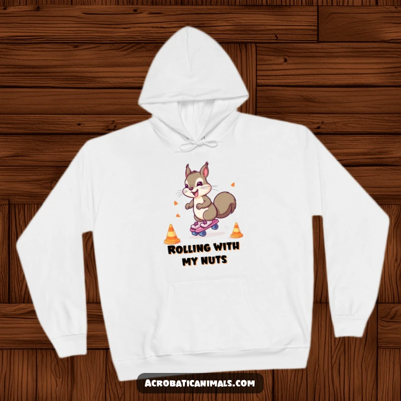 Funny hoodie featuring a hyperactive squirrel on roller skates, weaving around obstacles with a comical intensity.