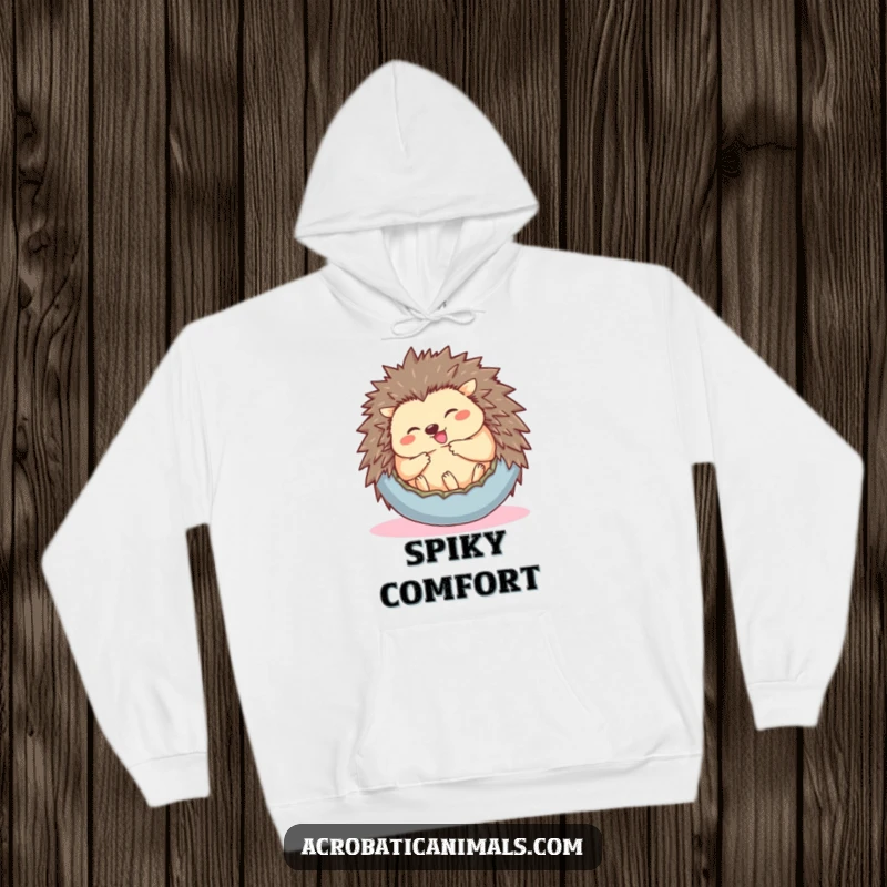 Funny hoodie featuring a giggling hedgehog rolling into a ball, providing warmth and adorable, humorous comfort.