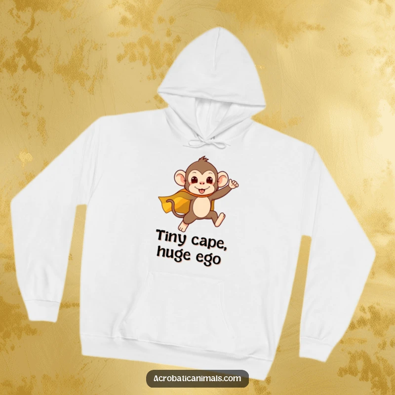 Funny hoodie featuring a silly monkey hero in a cape, caught in a dynamic mid-leap, perfect for cozying up or adventuring.
