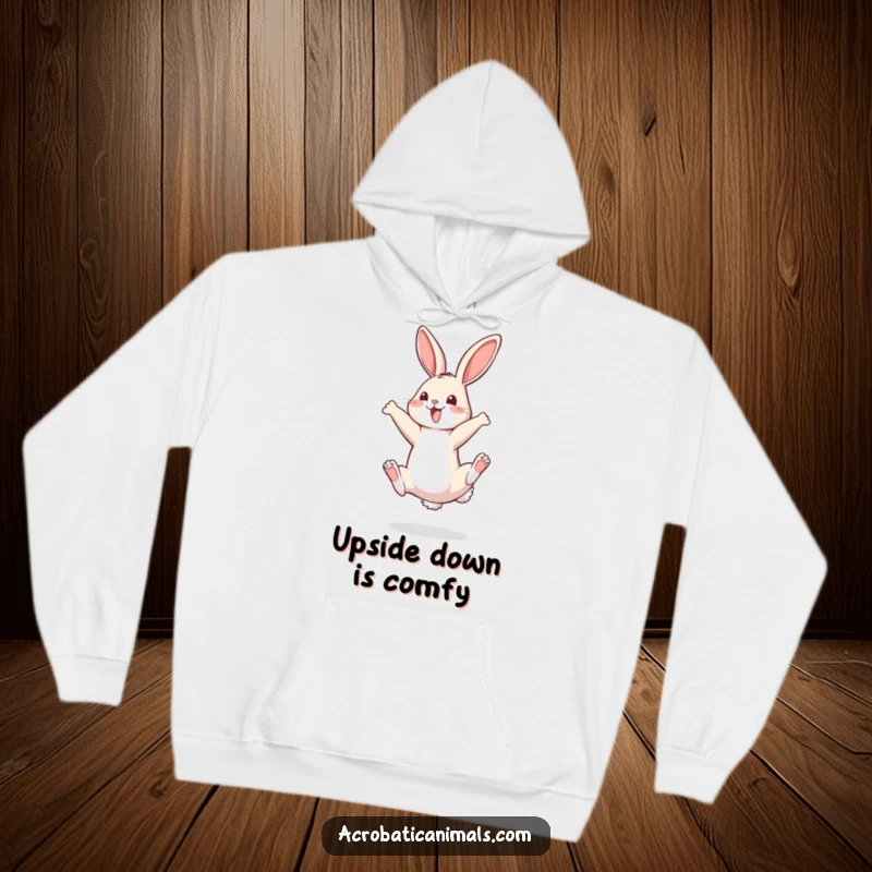Funny hoodie featuring a bouncy bunny performing a perfect somersault, designed for warmth and cheerful vibes.