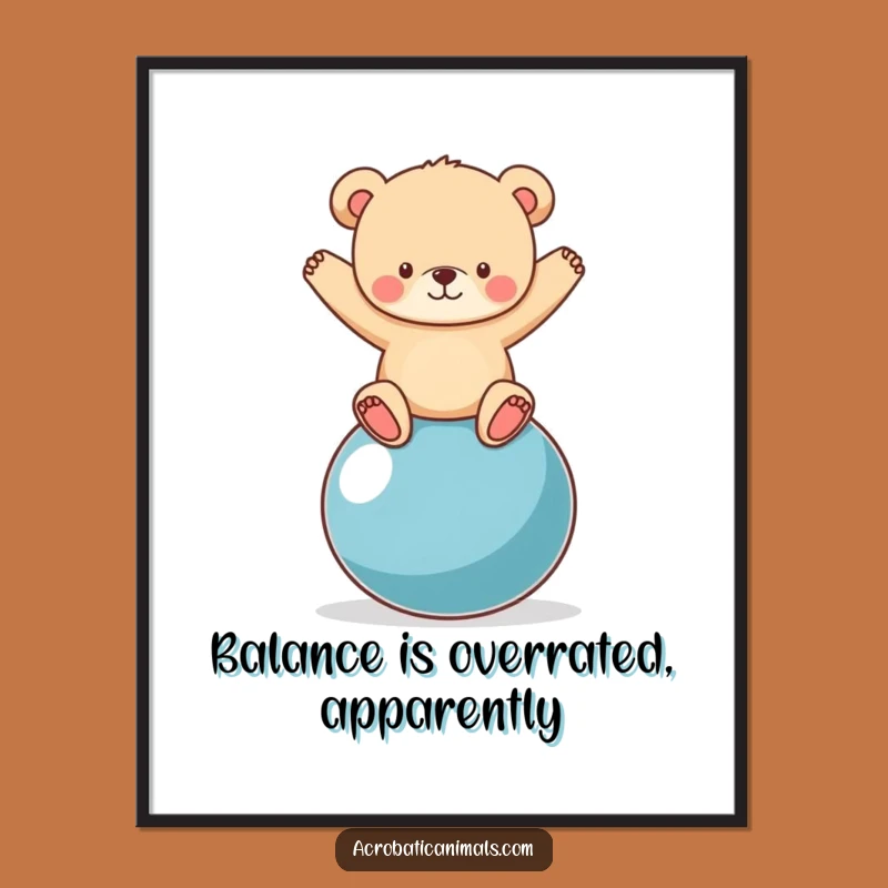 Funny Free Printable Bear Art: Cute Cub Yoga Ball Downloadable Wall Decor