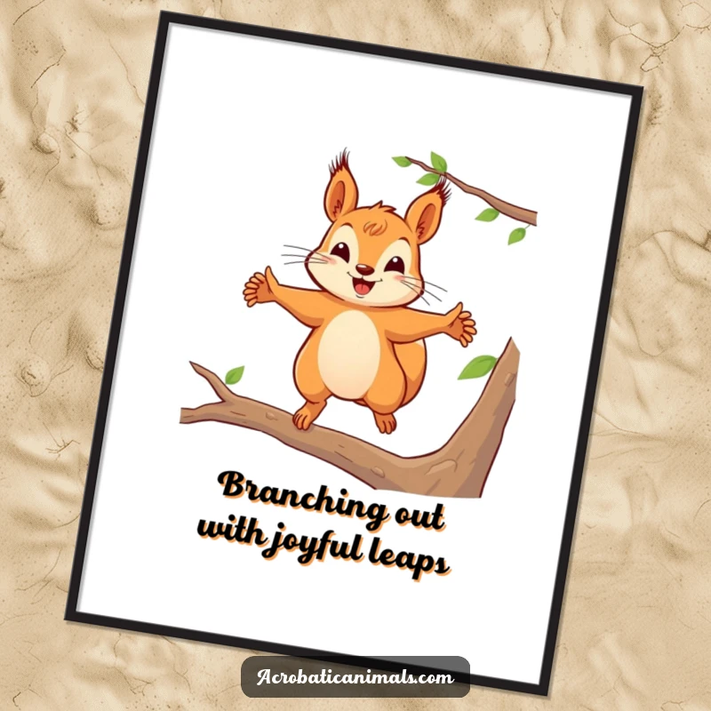 Funny Free Printable Squirrel Wall Art: A lively squirrel captured mid-air, leaping between branches with outstretched arms.