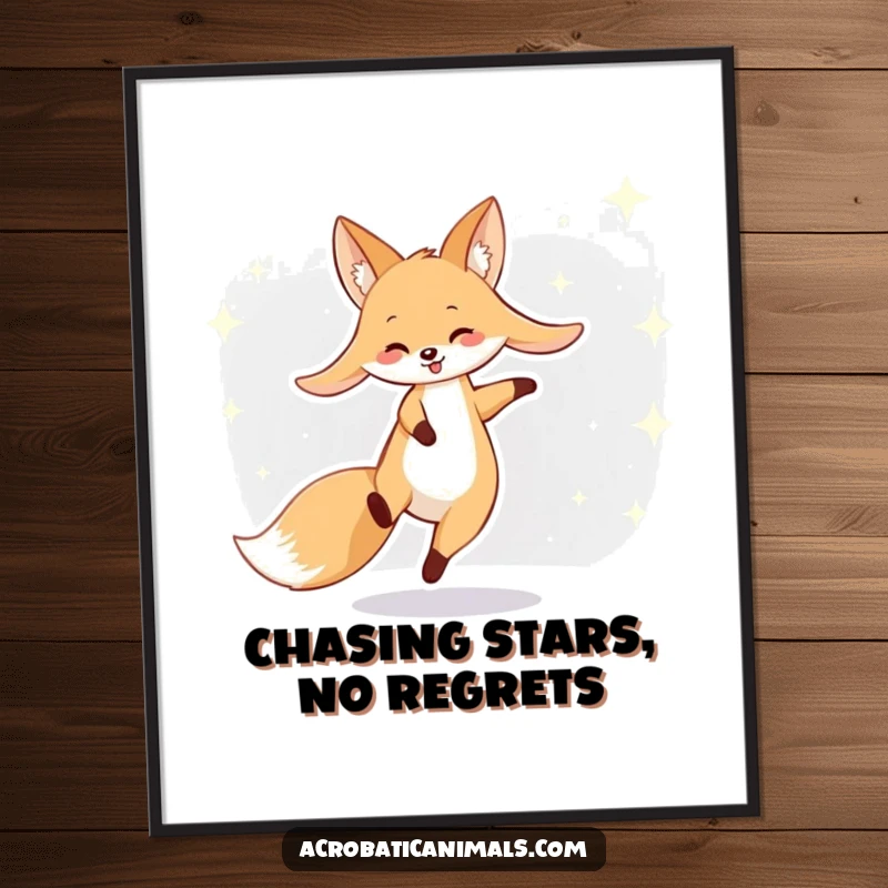 Funny Free Printable Wall Art: A smiling fox with long ears doing a cartwheel across a swirling starry background.