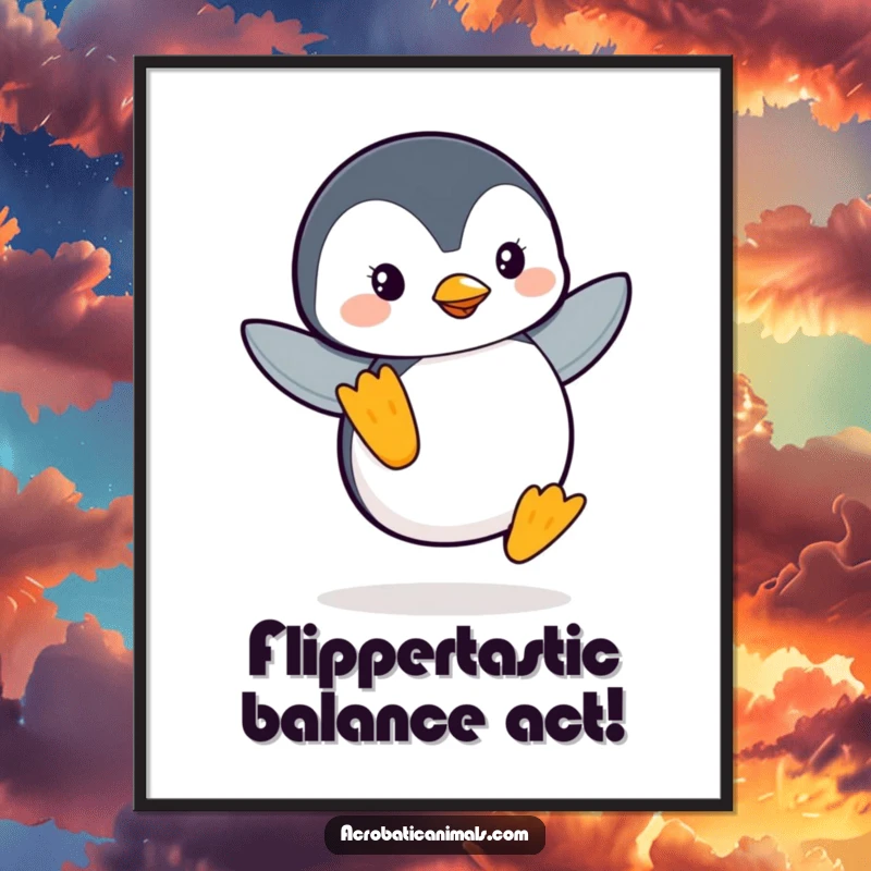 Funny Free Printable Penguin Wall Art: An adorable penguin masterfully balances on one flipper, adding whimsy to any room.