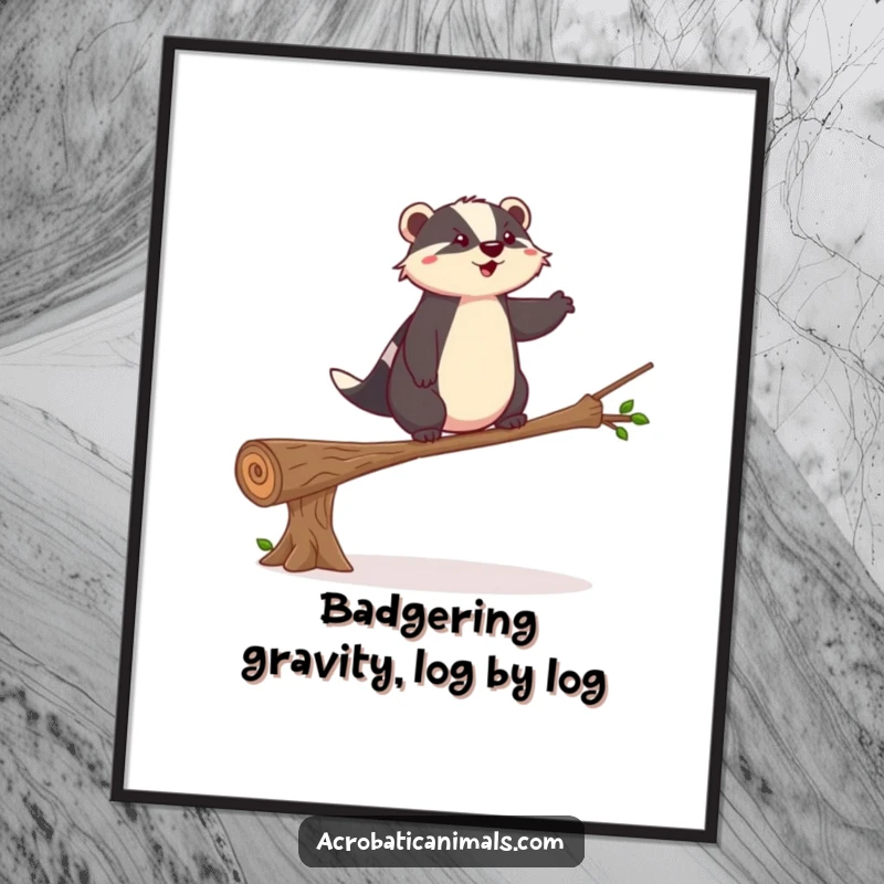Funny Free Printable Badger Wall Art: A brave badger masterfully balancing on a narrow log, like a tightrope walker.