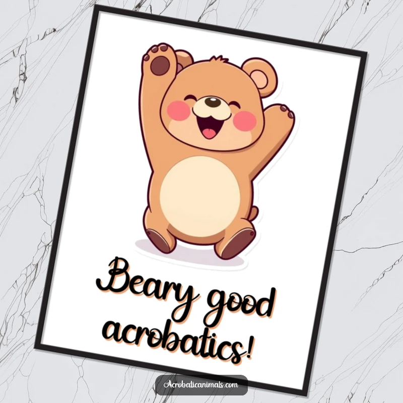 Funny Free Printable Bear Wall Art: A happy bear with a huge smile performs a joyful somersault, bringing cheer to any room.