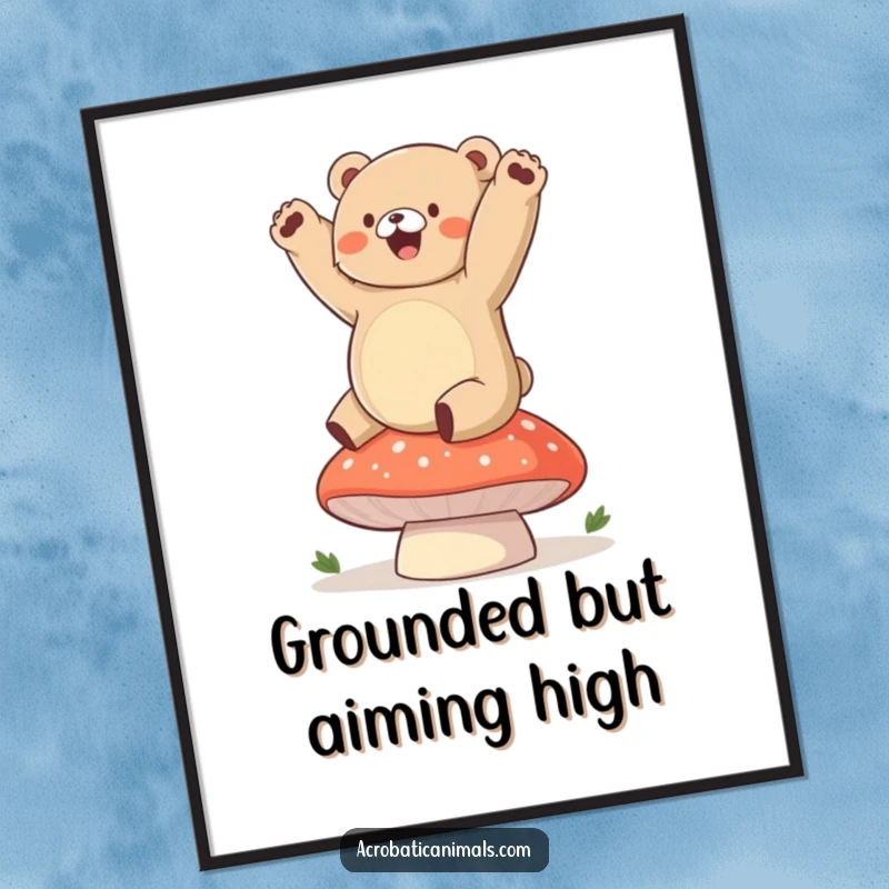 Funny Free Printable Wall Art: A chubby bear cub gleefully practicing a handstand on a big, plump mushroom.