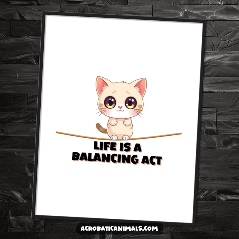 Funny Free Printable Wall Art: A small, round cat with big eyes balancing on a tiny tightrope.