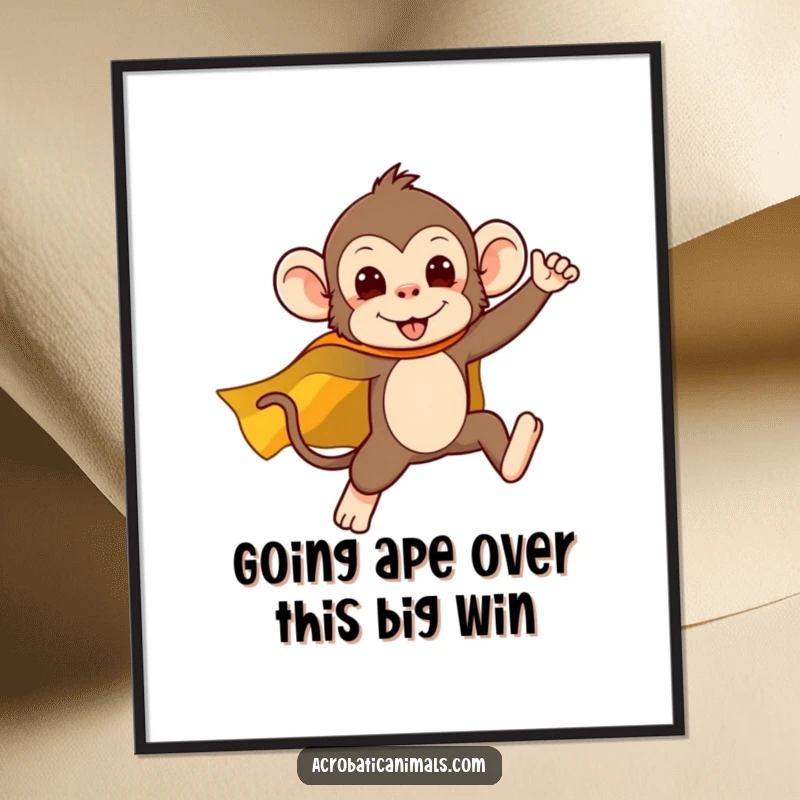 Funny Free Printable Wall Art: Silly monkey in a tiny superhero cape mid-leap, ready for action. Downloadable decor.