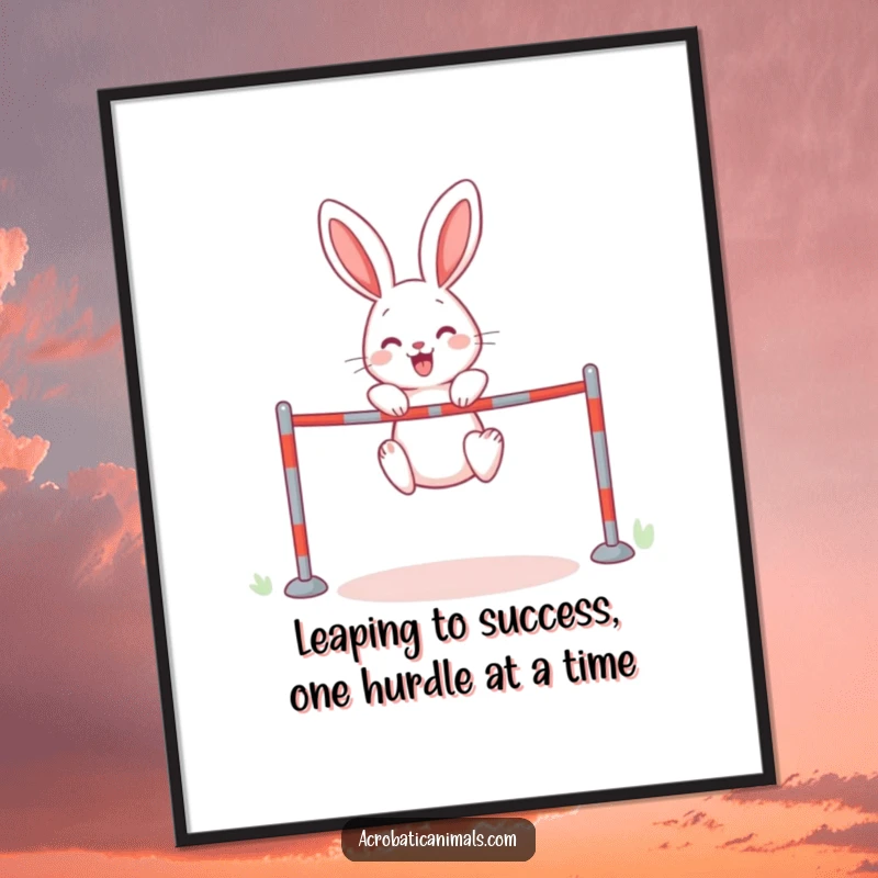 Funny Free Printable Rabbit Wall Art: A cheerful rabbit captured mid-high jump, ready to clear the bar with a grin.