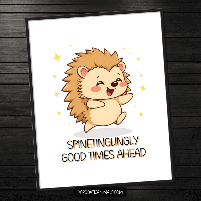 Funny Free Printable Wall Art depicting a happy hedgehog mid-cartwheel, surrounded by a shower of colorful, playful sparkles.