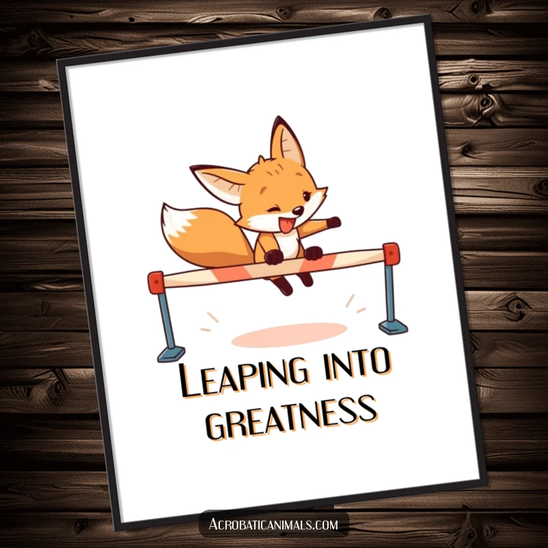 Funny Free Printable Wall Art: A determined fox leaping confidently over a hurdle with a wide grin.