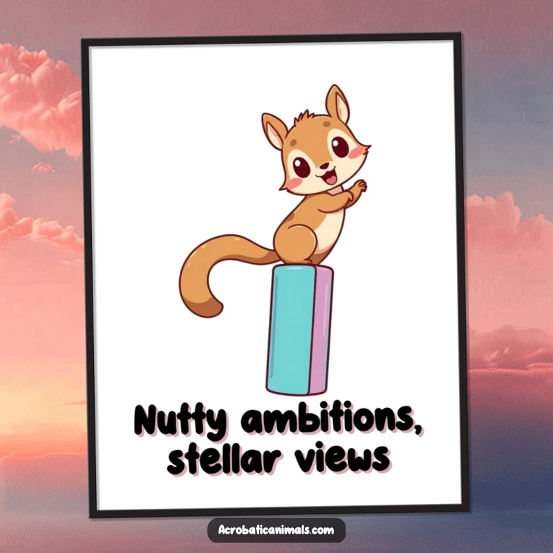 Funny Free Printable Wall Art depicting a curious squirrel climbing a tall, colorful bar with unwavering determination and focus.