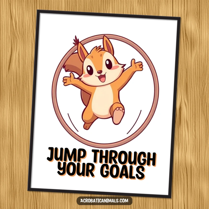 Funny Free Printable Wall Art of a determined squirrel leaping through a hoop, adding an adventurous flair.