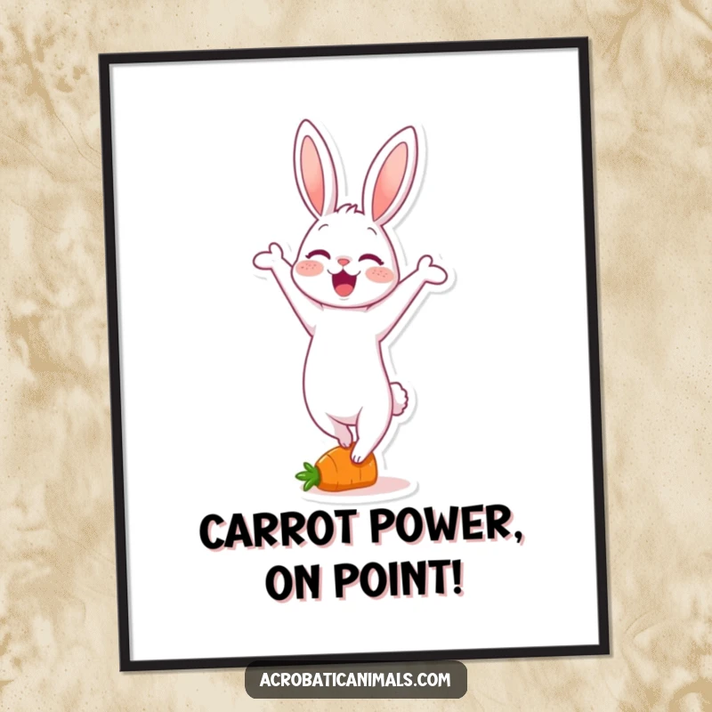 Funny Free Printable wall art: A delighted rabbit character is doing a handstand on a tiny carrot, full of playful energy.