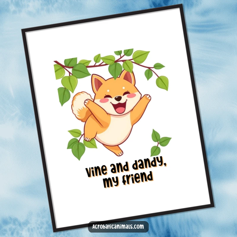 Funny Free Printable Wall Art: Adorable Shiba puppy gleefully swinging from a jungle vine, a picture of pure fun.