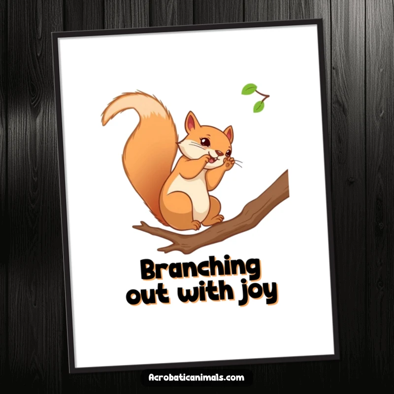 Funny Free Printable Wall Art: Agile squirrel captured mid-somersault on a tree branch, adding fun.