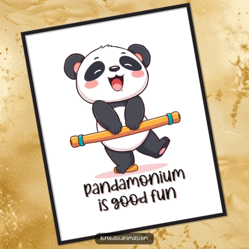 Funny Free Printable Wall Art: A cheerful panda bear giggling while expertly balancing on a colorful exercise beam.