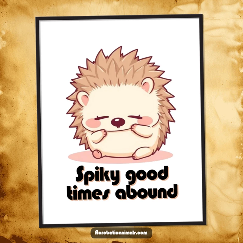 Funny Free Printable Wall Art: A small hedgehog in a fluffy forward roll, eyes closed in contentment.