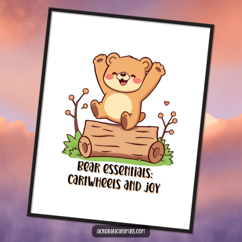 Funny Free Printable wall art: A joyful bear character is performing a cartwheel with enthusiasm over a log.