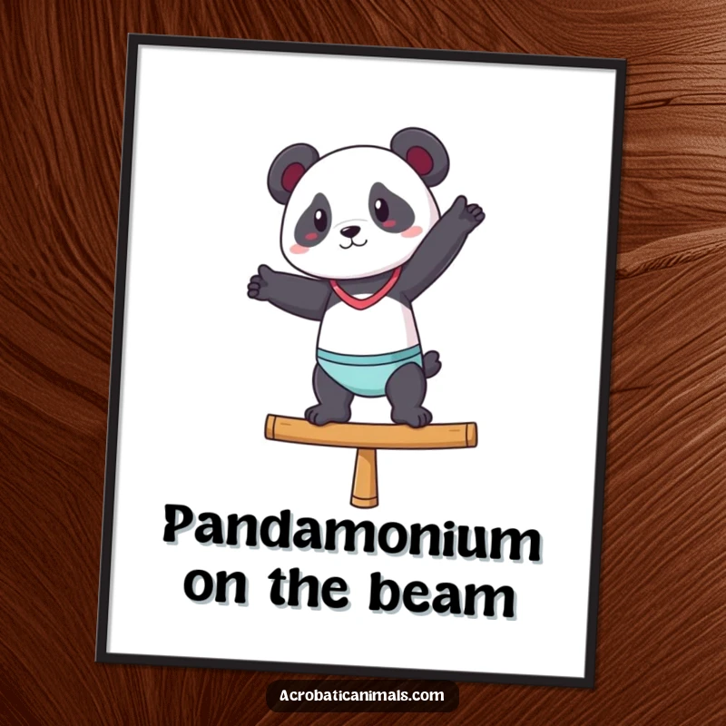Funny Free Printable Wall Art: A panda gymnast in a flawless pose on a balance beam, exuding confidence and playful skill.