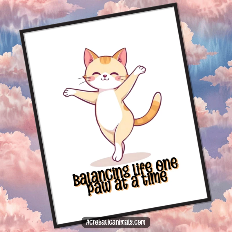 Funny Free Printable Wall Art: A cute cat gracefully performs an arabesque on a balance beam, adding artistic flair to any room.