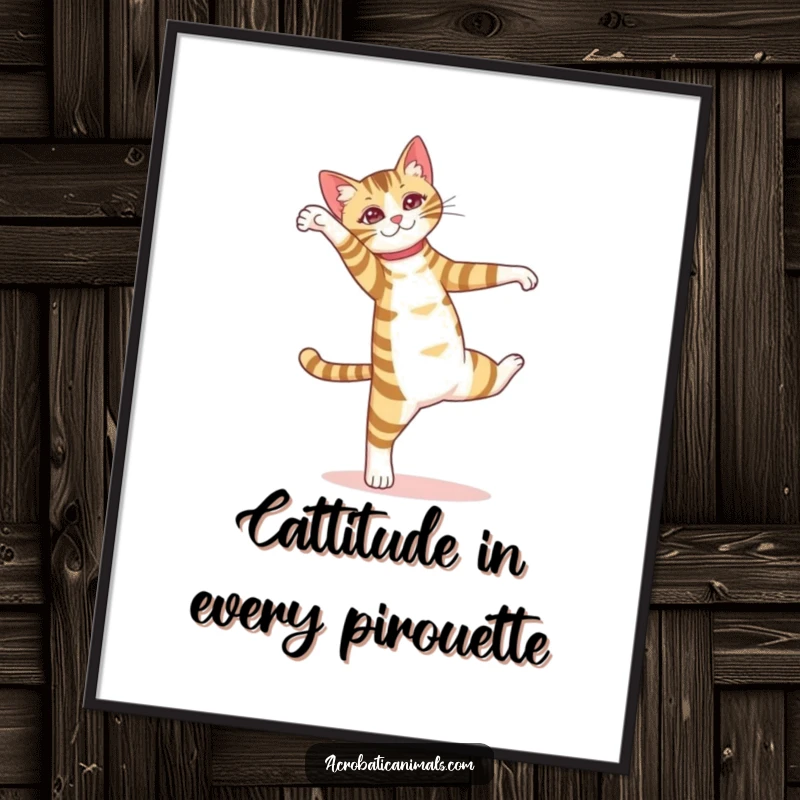 Funny Free Printable Wall Art: A striped cat performs a balletic pirouette with poise and feline grace.