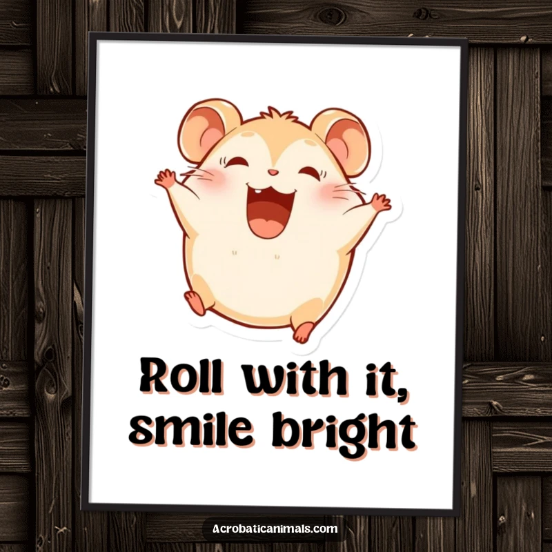 Funny Free Printable Wall Art: A round hamster is captured mid-somersault, radiating pure joy and a huge smile.