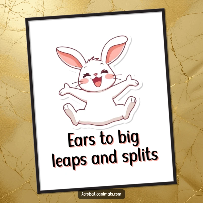 Funny Free Printable Wall Art: A joyous rabbit is captured mid-split jump, ears flopping, bringing a sense of playful action to your decor.