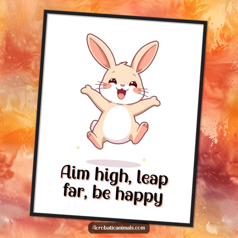 Funny Free Printable Wall Art: A determined rabbit gracefully soaring high above the bar in a jump.
