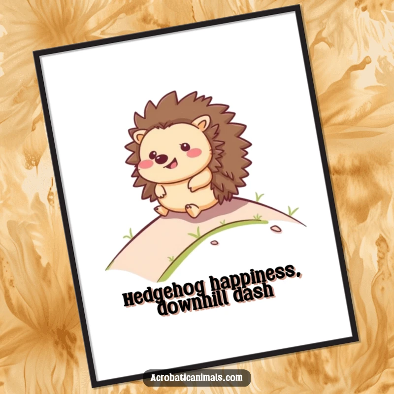 Funny Free Printable Wall Art: A happy hedgehog with a wide smile rolls gleefully down a gentle hill.