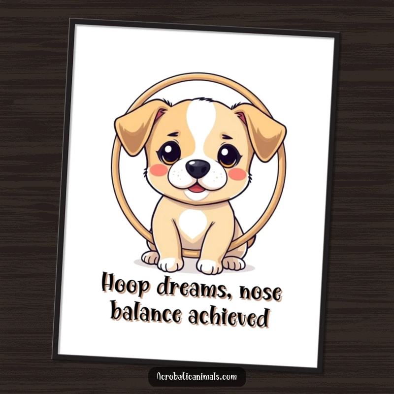 Funny Free Printable Wall Art: A small, talented dog balances a large hoop perfectly on its nose with focus.