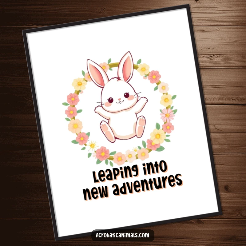 Funny Free Printable Wall Art: A fluffy bunny with rosy cheeks dynamically leaping through a hoop of vibrant flowers.