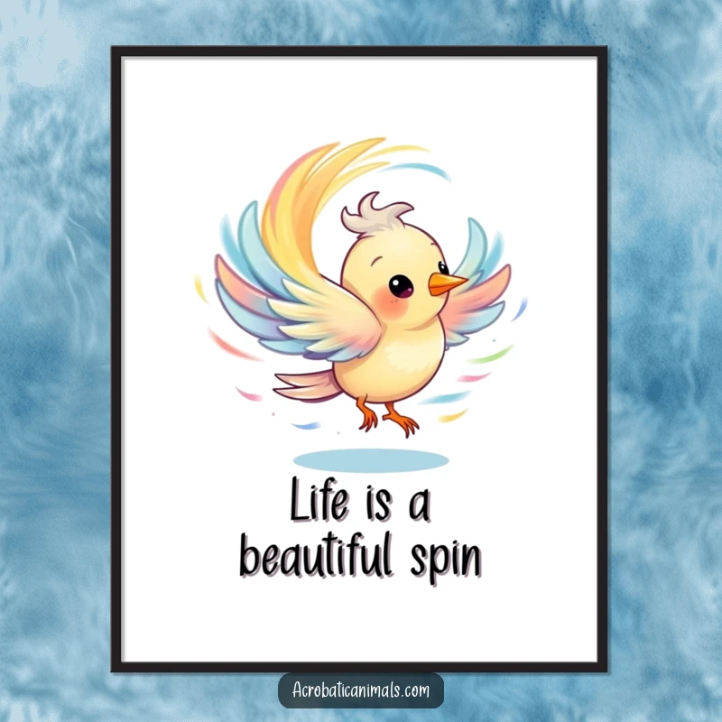 Funny Free Printable Wall Art: A cheerful bird in a rapid spin, generating a fantastical, multi-colored whirlwind of pure joy.