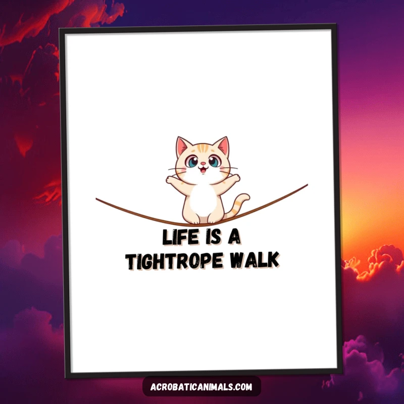 Funny Free Printable wall art: A surprised cat character is precariously balancing on a tightrope with wide, shocked eyes.