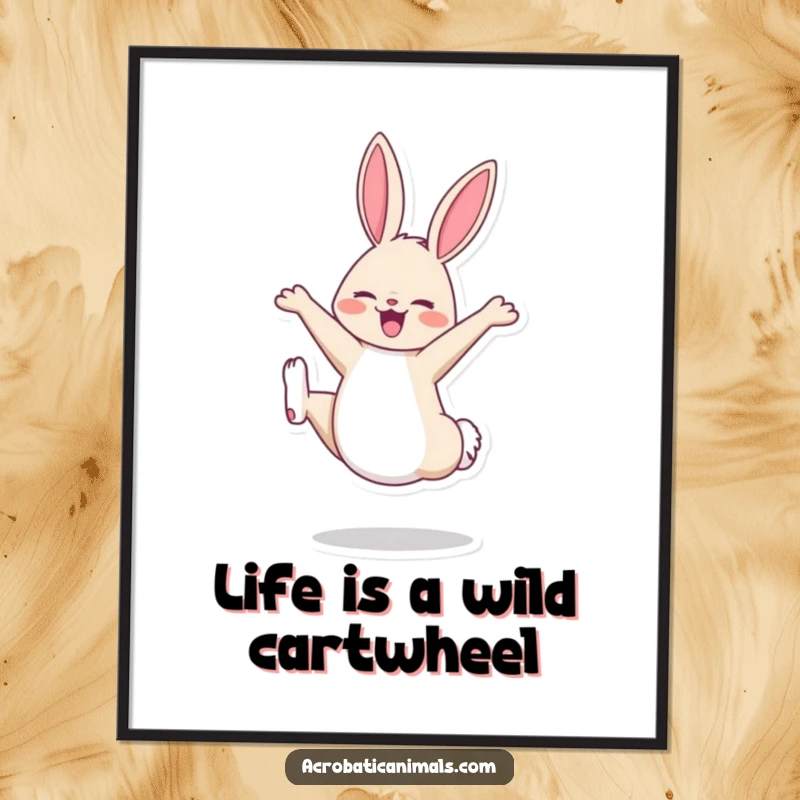 Funny Free Printable Wall Art: A cheerful bunny energetically performs a flawless cartwheel, full of life.
