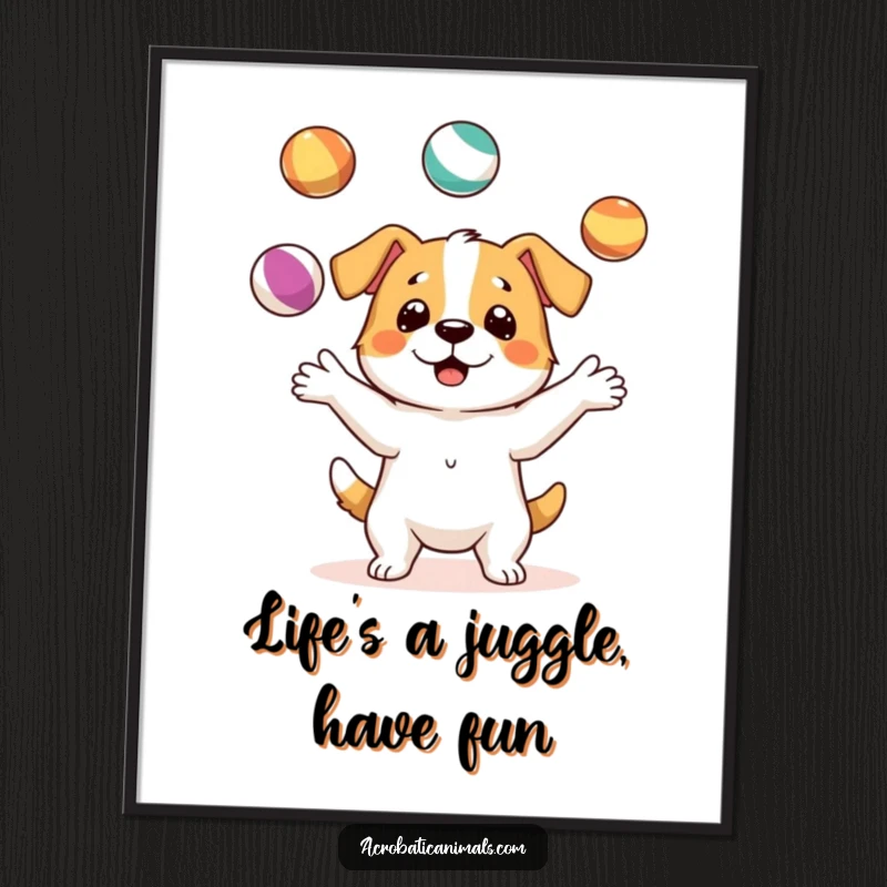 Funny Free Printable Wall Art: A skillful dog bounces three brightly colored balls in the air, showcasing its amazing juggling talent.