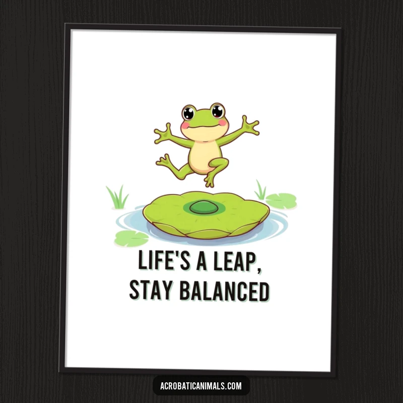 Funny Free Printable Wall Art: A frog expertly balances on a rapidly spinning lily pad, showcasing quirky aquatic acrobatics.